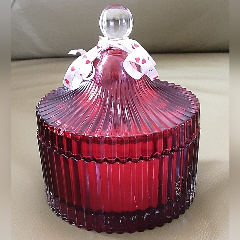 Decorware Inc. Ribbed Cranberry Covered Glass Candle Jar - Vtg